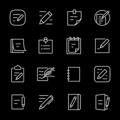Notepads, white line icons. Writing notes and organizing information. Ideal for office and educational themes. Symbols on black background. Editable stroke.