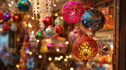 A bunch of colorful Christmas ornaments hanging from a window