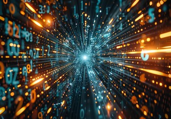 Naklejka premium A background of digital numbers and code moving at high speed, representing the AI era's horizon for fast data transfer.