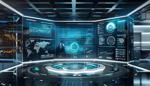 Analytics dashboards, realtime holographic data, advanced visualization, modern design