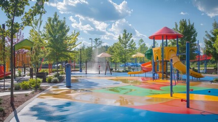 A park with a splash pad and a playground