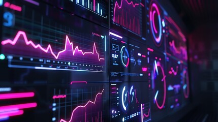 Data visualization, neon light graphs, futuristic analytics, sleek display