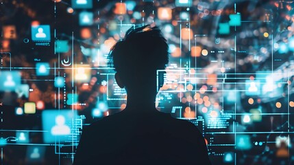 Young person portrait on abstract social media background, face against digital data pattern. Theme of network, connect, global news, people, online.