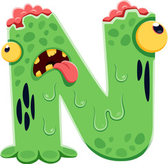 Halloween font, letter N as cartoon zombie slime character for horror alphabet, vector ABC. Halloween holiday font type or kids spooky typeface of letter N as zombie monster with brain for typography