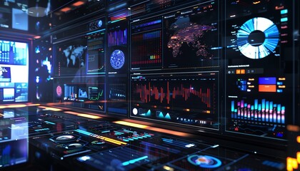 Analytics dashboards, advanced data visualization, holographic insights, modern design