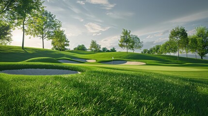 A scenic golf course with lush green grass and sand traps