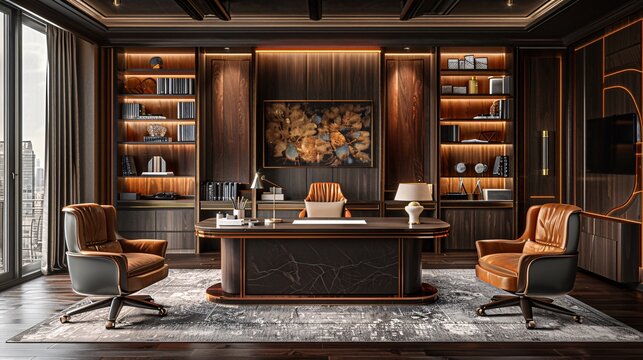 Fototapeta Luxurious home office with rich wood finishes and leather chairs.