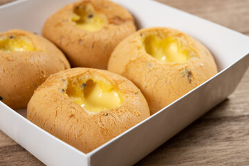 angle view puff pudding sweet snacks at horizontal composition