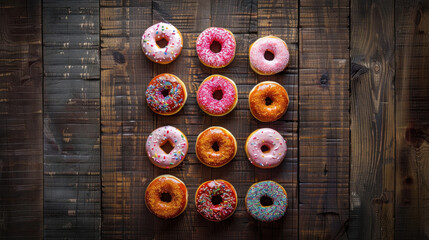 Fototapeta premium Donuts arranged in a circle on a rustic wooden background