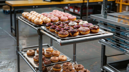 Donuts arranged on a service cart in an industrial setting