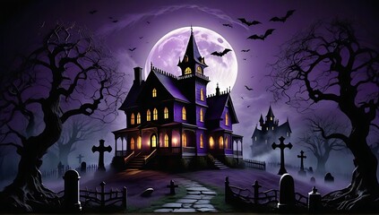 halloween haunted castle, dead tree, scary graveyard, with full moon and purple sky in the background. suitable for posters, flyers, banners and backgrounds for Halloween party invitation cards.