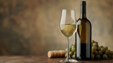 Obraz premium Filled glass and bottle of white wine, minimalist background focus on clarity, vibrant, overlay, simple design
