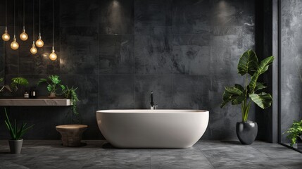 Luxurious bathroom with modern design and lush green plants