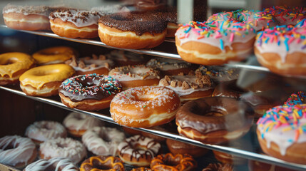Donuts displayed in a bakery window with a variety of flavors