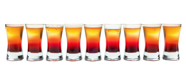 A row of nine layered shots with gradient colors, showcasing vibrant beverages. Perfect for a bar or party themed stock photo.