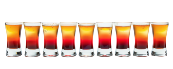 A row of nine layered shots with gradient colors, showcasing vibrant beverages. Perfect for a bar or party themed stock photo.