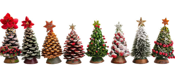 Fototapeta premium Assorted decorated Christmas trees in various styles and colors, perfect for festive holiday designs and seasonal celebrations.