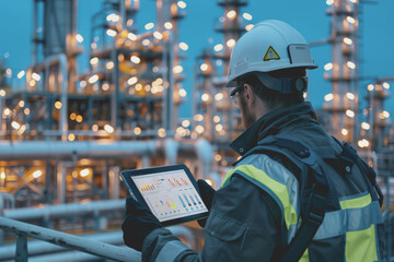 Worker in safety gear using a tablet to monitor nocturnal activities at an industrial plant.
