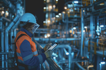 Worker in safety gear using a tablet to monitor nocturnal activities at an industrial plant.
