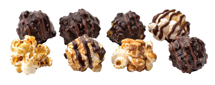 Assorted gourmet popcorn balls drizzled with chocolate and caramel, featuring a variety of flavors and textures for a delightful snack experience.
