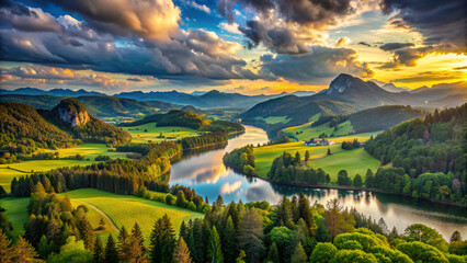 lake in the mountains, grass, mountain, green, field, summer, mountains, tree, meadow, clouds, forest, cloud, view, rural