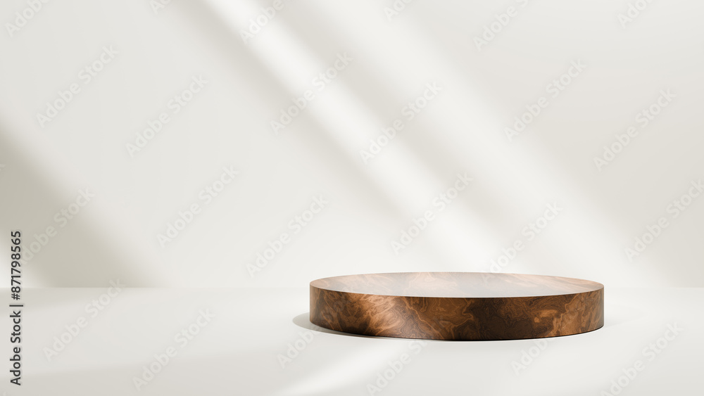 Aufkleber bright luxury white table and wooden podium mock up background with soft light beams and beige white