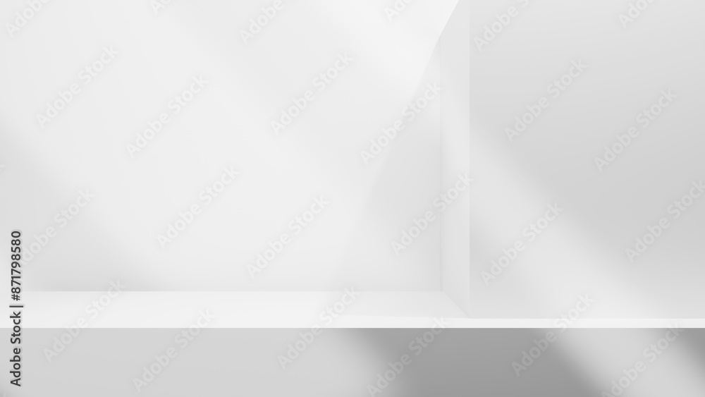 Poster White abstract table room stage podium geometrical forms with soft light beams and empty copy space, bright white room with light and shadows, - White Background studio room with white walls and floor