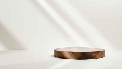 bright luxury white table and wooden podium mock up background with soft light beams and beige white wall and surface - best place for advertisement and design solutions, cosmetics products background