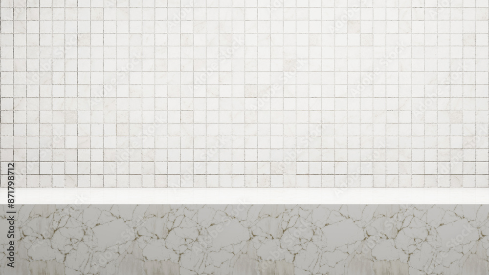 Aufkleber White marble table and white tile background with soft light and bright empty copy space, empty table with space for advertisement products and design solutions Presentations. White tile wall backdrop