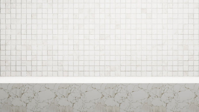 White marble table and white tile background with soft light and bright empty copy space, empty table with space for advertisement products and design solutions Presentations. White tile wall backdrop