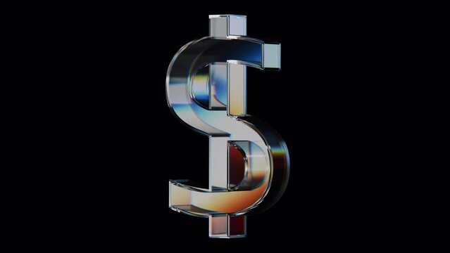 Looped 3D animation of a glass dollar symbol rotating on its axis, beautifully refracting light rays like a prism. Alpha channel is Ideal for financial, investment, and economic projects.