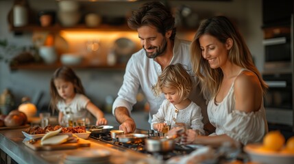 Fototapeta premium Family Cooking Together in a Modern Kitchen at Night