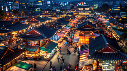 Night market in Seoul with bright lights and food stalls