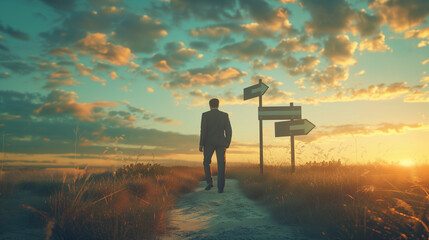 Surreal Time Travel, Businessman at Signpost of Past, Present, and Future, Choose Your Path, Conceptual Image of Time Travel and Decision-Making, Journey through Destiny, Businessman Contemplating