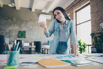 Photo of attractive woman phone call talk papers confused dressed denim clothes executive business...