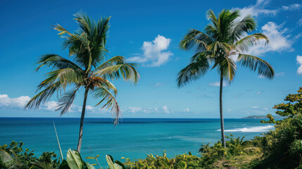 Naklejka premium Palm trees swaying in the breeze with a clear ocean backdrop
