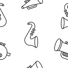 Musical instruments. Seamless pattern. Coloring Page. Music stuff for classical orchestra. Hand drawn style. Vector drawing. Design ornaments.