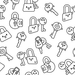 Cute kawaii key. Seamless pattern. Coloring Page. Funny cartoon character. Hand drawn style. Vector drawing. Design ornaments.