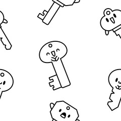 Cute kawaii key. Seamless pattern. Coloring Page. Funny cartoon character. Hand drawn style. Vector drawing. Design ornaments.