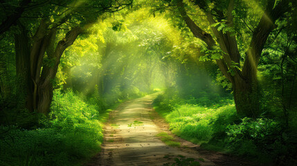 Obraz premium Path through a lush, green forest in summer