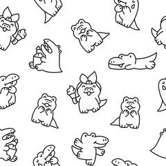 Funny crocodile character with happy face. Seamless pattern. Coloring Page. Cartoon kawaii alligator. Hand drawn style. Vector drawing. Design ornaments.