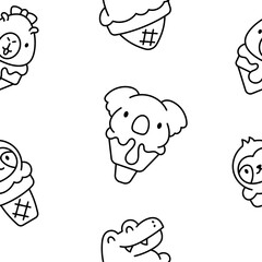 Cute animals with ice cream in waffle cone. Seamless pattern. Coloring Page. Cartoon funny food dessert. Hand drawn style. Vector drawing. Design ornaments.