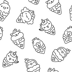 Cute animals with ice cream in waffle cone. Seamless pattern. Coloring Page. Cartoon funny food dessert. Hand drawn style. Vector drawing. Design ornaments.