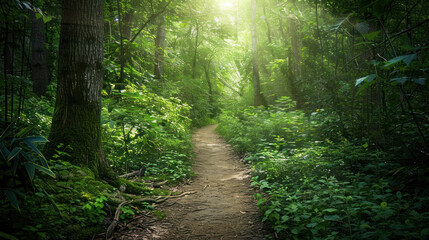 Fototapeta premium Path through a lush, green forest in summer