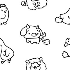 Cute and funny farting animals. Seamless pattern. Coloring Page. Cartoon characters. Hand drawn style. Vector drawing. Design ornaments.