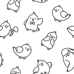 Cute cartoon pet birds. Seamless pattern. Coloring Page. Adorable kawaii parrots characters. Cockatiel, parakeet. Hand drawn style. Vector drawing. Design ornaments.
