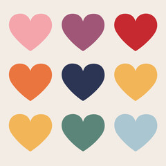 A grid of nine heart-shaped icons, each with a distinct color. They are arranged in a 3x3 matrix, with the colors being pink, purple, red, orange, yellow, light blue, dark blue, green, and teal. 