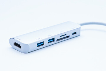 Closeup shot, laptop USB Type-C adapter with different connectors for connecting devices.
