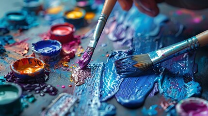 Fototapeta premium People expressing themselves doing art during an art therapy workshop with paints brushes canvases. Therapeutic benefits of creativity and self-expression in mental health and emotional well-being