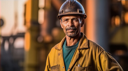 Factory Twilight: Worker in Safety Gear on the Job